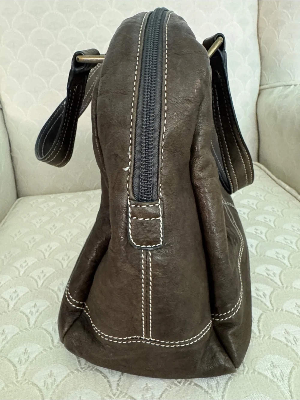 Talbots olive green Leather Bag with Contrast Stitching